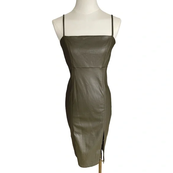 NWT Express Body Contour Faux Leather Cami Midi Dress Olive Green Small - Picture 2 of 13